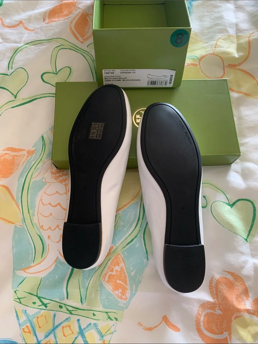 Tory Burch White Leather Logo Ballet Flats with Gold Emblem color gardenia